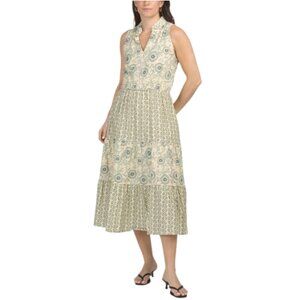 MAGARI Linen Blend Sleeveless Tiered Maxi Shirt Dress